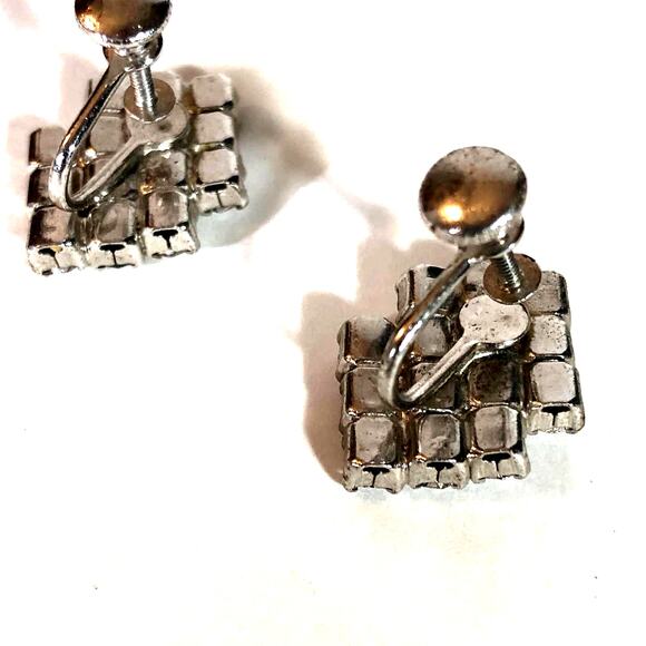 Vintage Rhinestone Earrings Double Square Shape, Screw Back Closure 7/8" - Picture 3 of 6